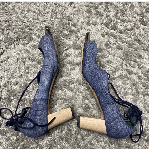 JIMMY CHOO Vernie Denim Leather Wood Heel Sandals - Picture 7 of 11